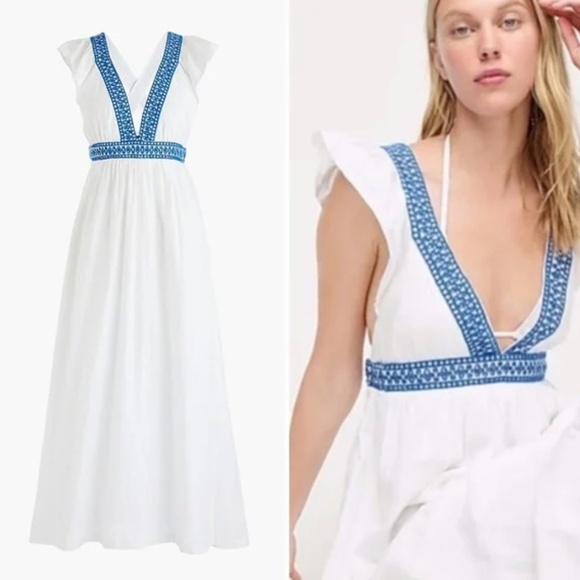 J. Crew Dresses & Skirts - JCREW WOMENS MAXI LENGTH LINEN COTTON BLEND PLUNGE V NECK DRESS WHITE BLUE LARGE